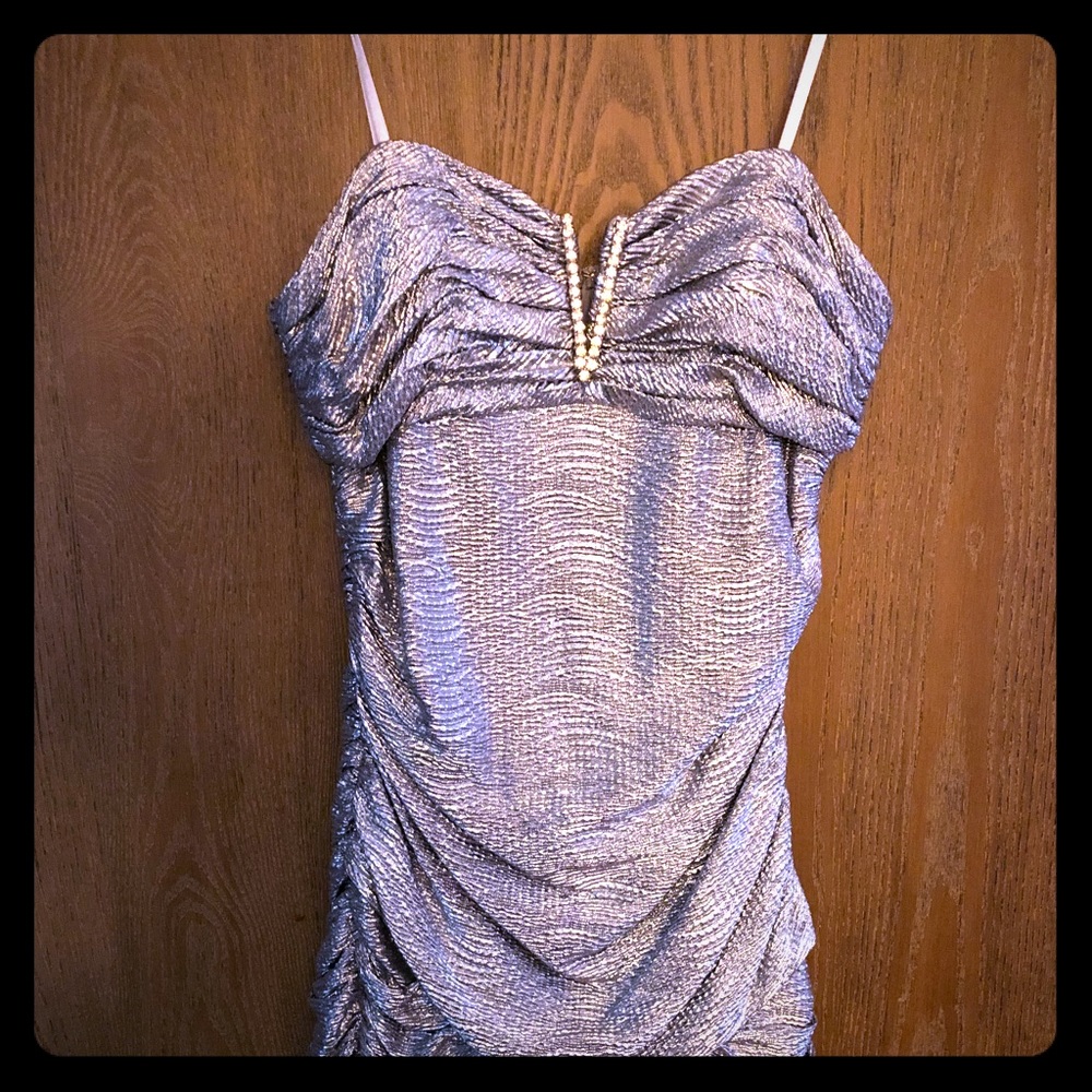 adrianna papell silver v neck rhinestones dress